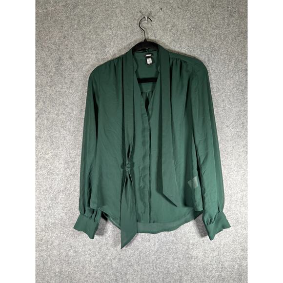 Express Blouse Women XS Green Semi Sheer Long Sleeve Button Front Neck tie Caree - Picture 1 of 7